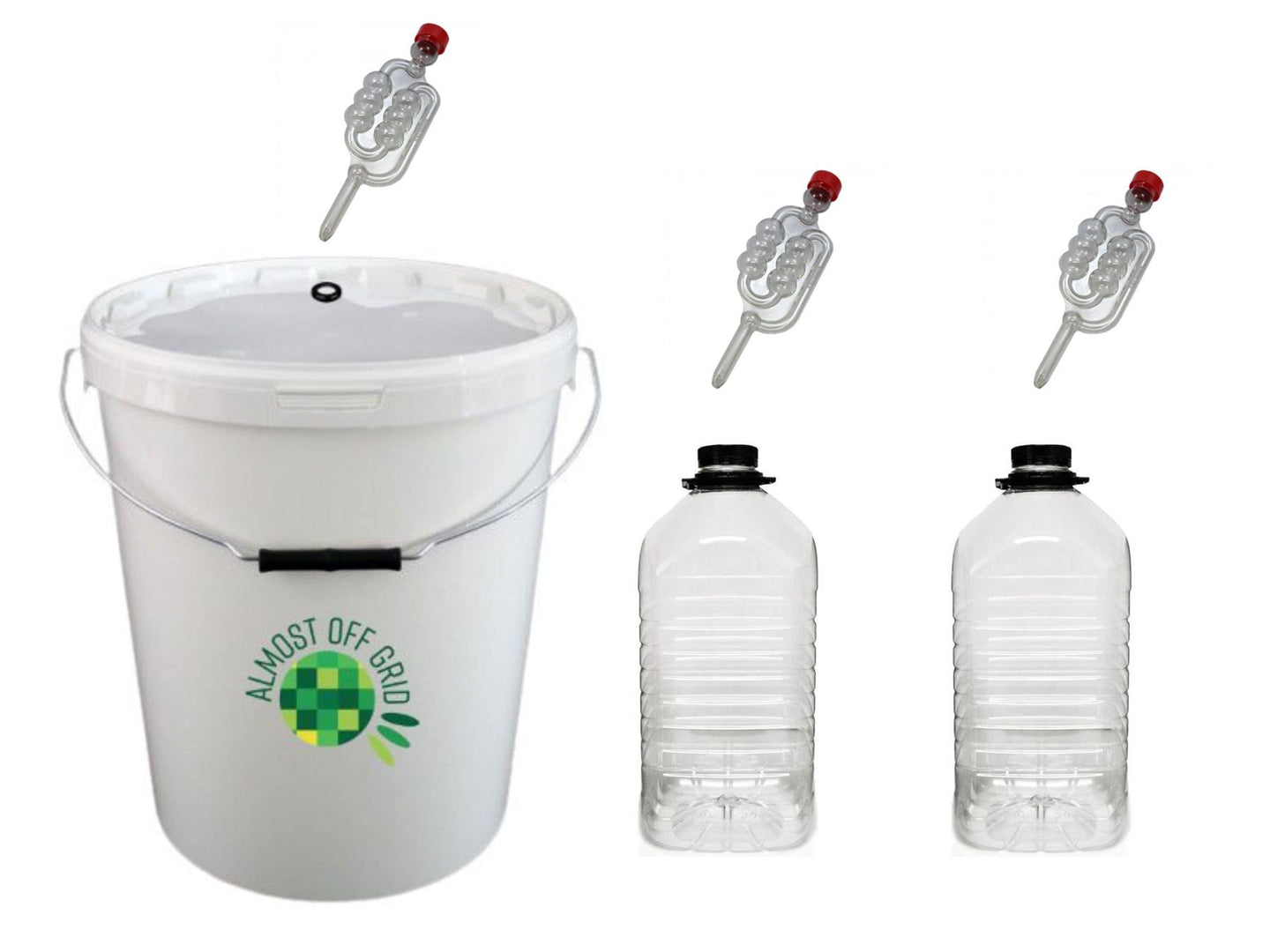 Almost Off Grid 25 litre bucket plus 2x PET demijohns and 3x airlocks