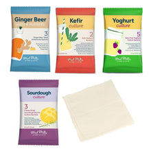 Load image into Gallery viewer, Mad Millie Fermenting Cultures Set with Muslin Cloth to make Kefir, Yogurt, Sourdough and Ginger Beer
